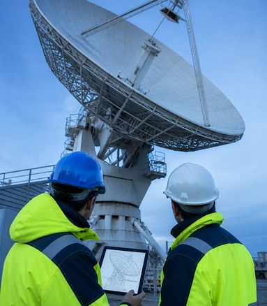 Due tecnici al piede di un sistema d'antenna consultano il disegno