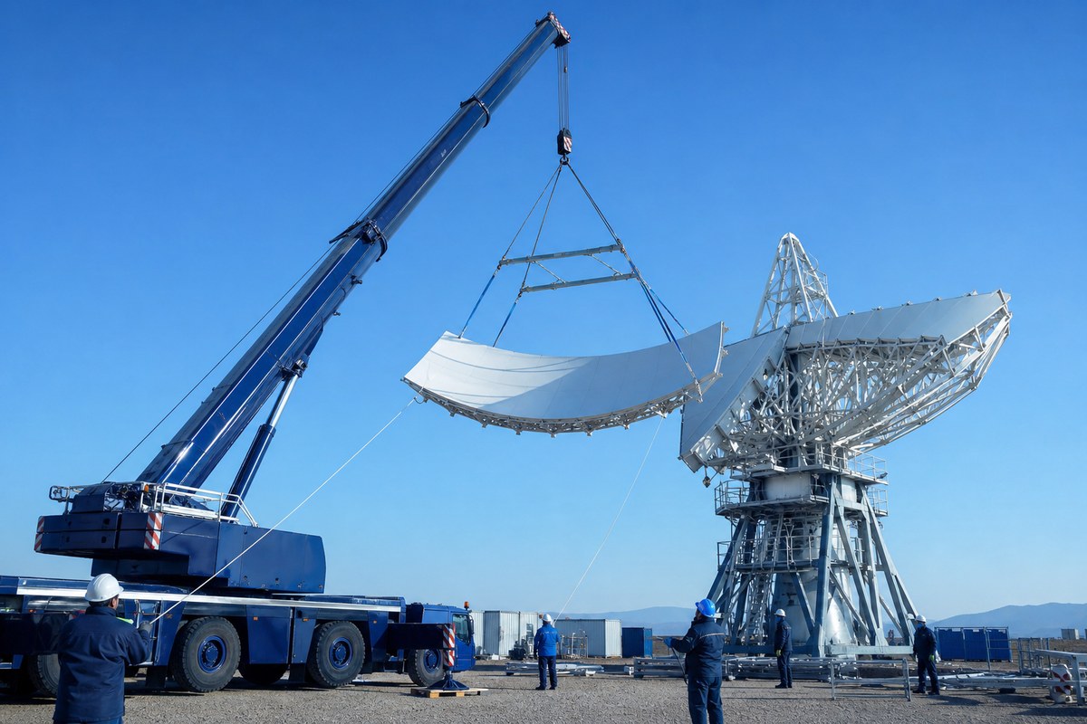 Sollevamento di un pannello di riflettore in cantiere
