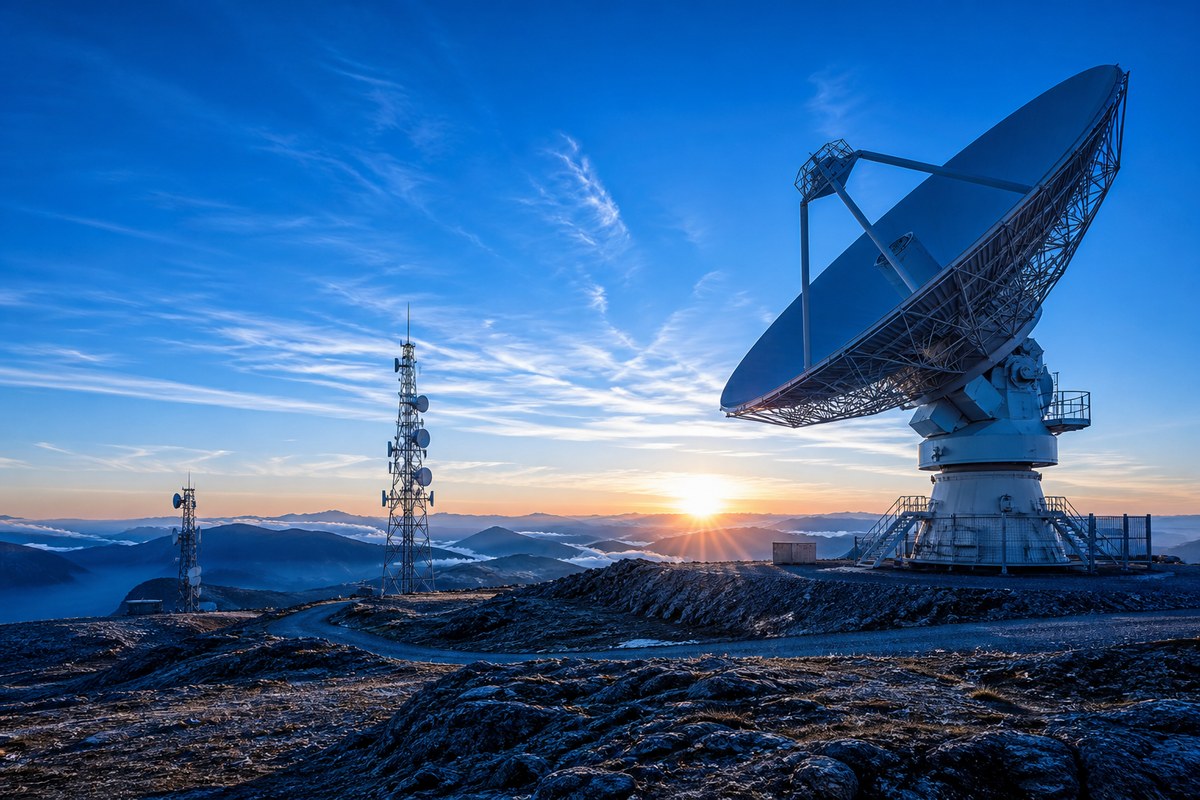 Radiotelescopio e antenne di telecomunicazione all'alba